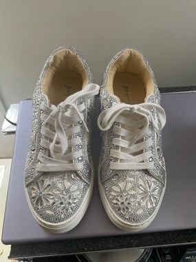 Embellished White Crystal Lace-Up Sneakers